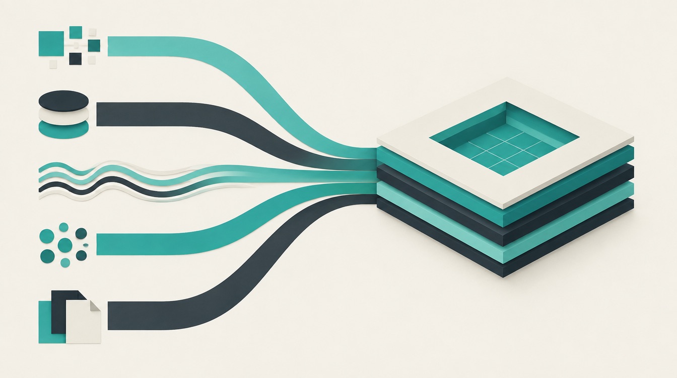 Concept illustration of several data streams entering one organized, inspectable layer